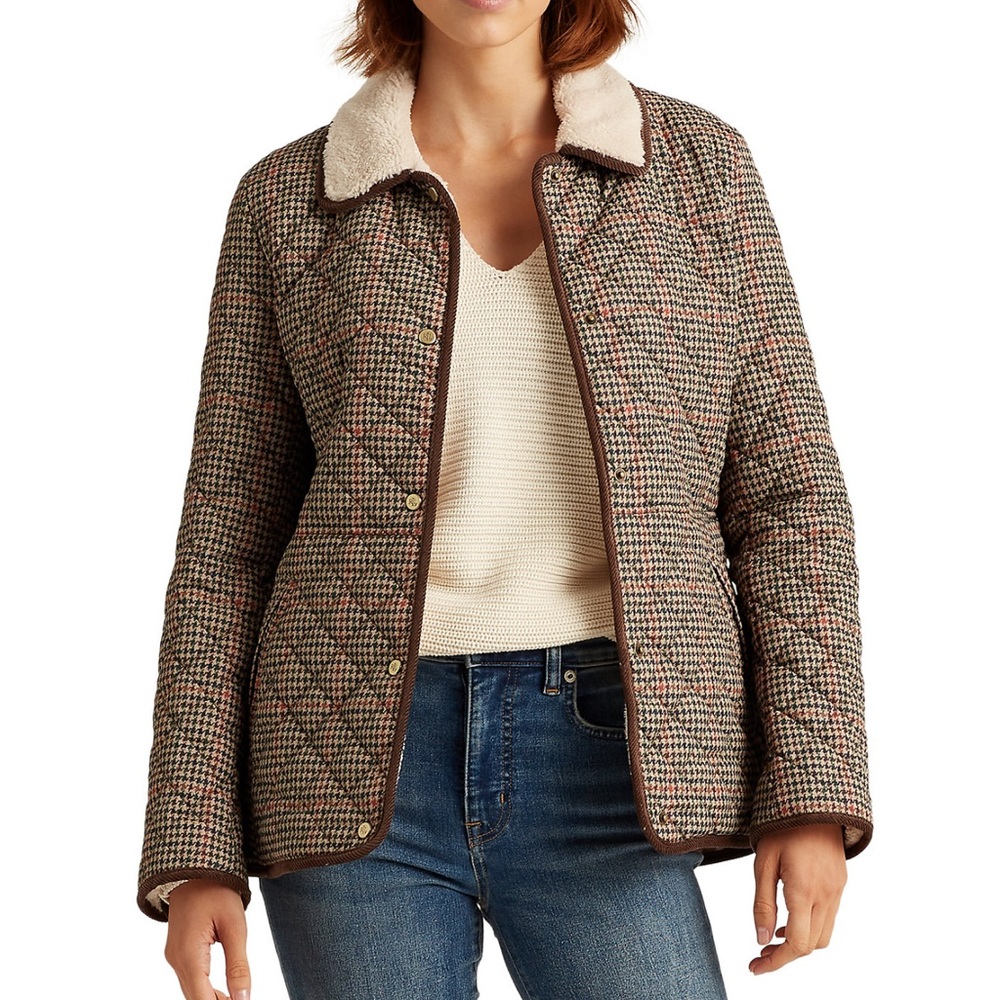 Lauren Ralph Lauren LRL Women's Quilted Jacket w/Berber Trim Box Houndstooth XL